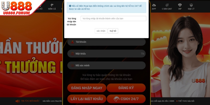 Cách lấy lại mật khẩu cho tài khoản thành viên U888