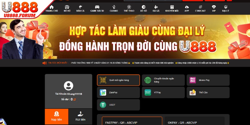 Nạp tiền U888 đa dạng qua nhiều kênh thanh toán